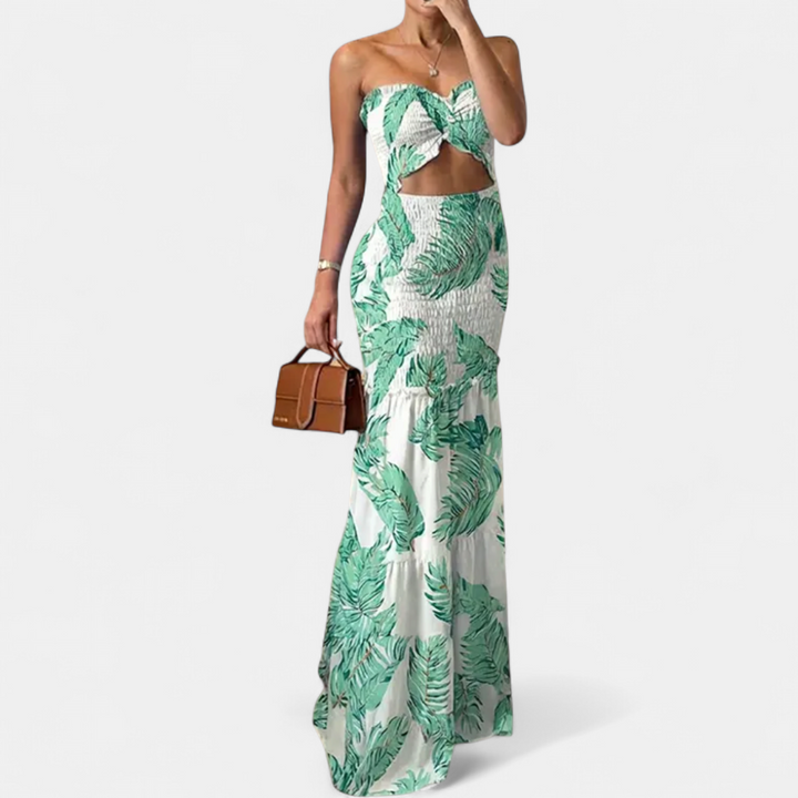 SOLÈNE | Tropical Print Smocked Mermaid Maxi Gown