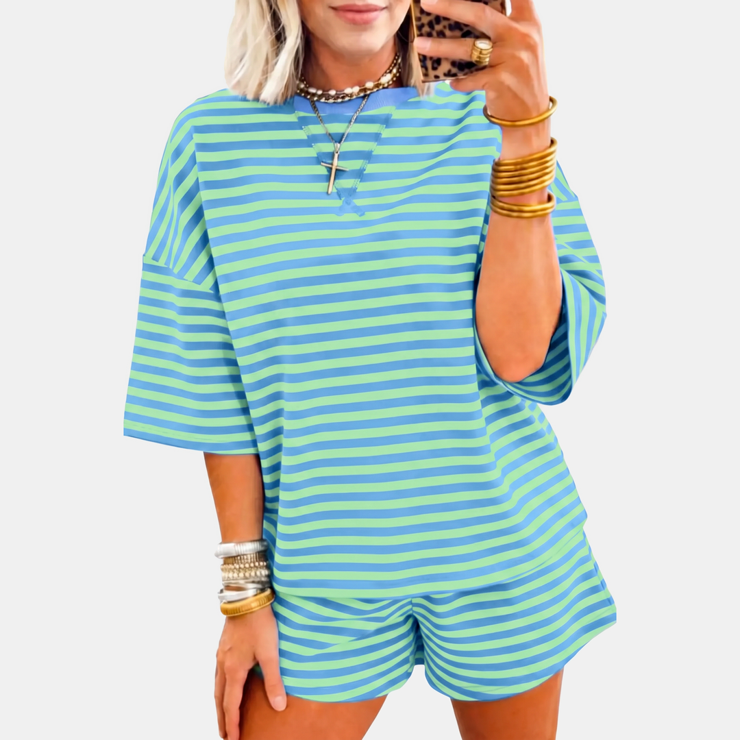 Women's Oversized Striped Lounge Set with Drop Shoulder Top and Shorts