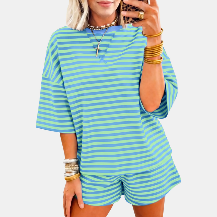 Women's Oversized Striped Lounge Set with Drop Shoulder Top and Shorts