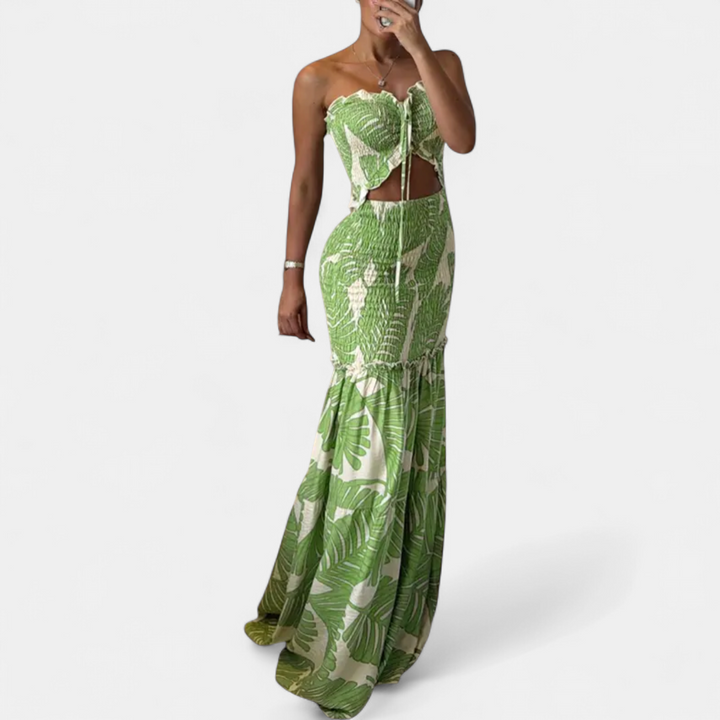 SOLÈNE | Tropical Print Smocked Mermaid Maxi Gown