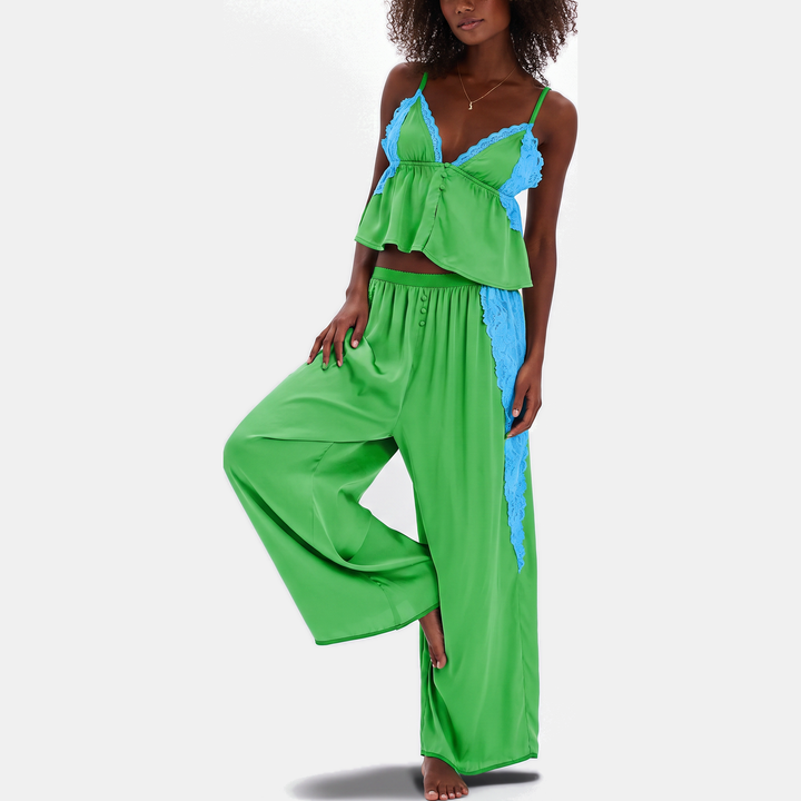 Women's Wide Leg Satin Pajama Set with Lace Trim Cami Top