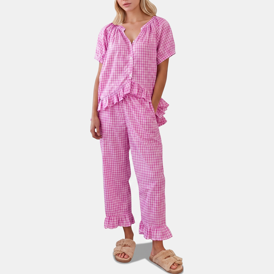 Women's Ruffle Hem Cropped Pajama Set with Wide Leg Pants