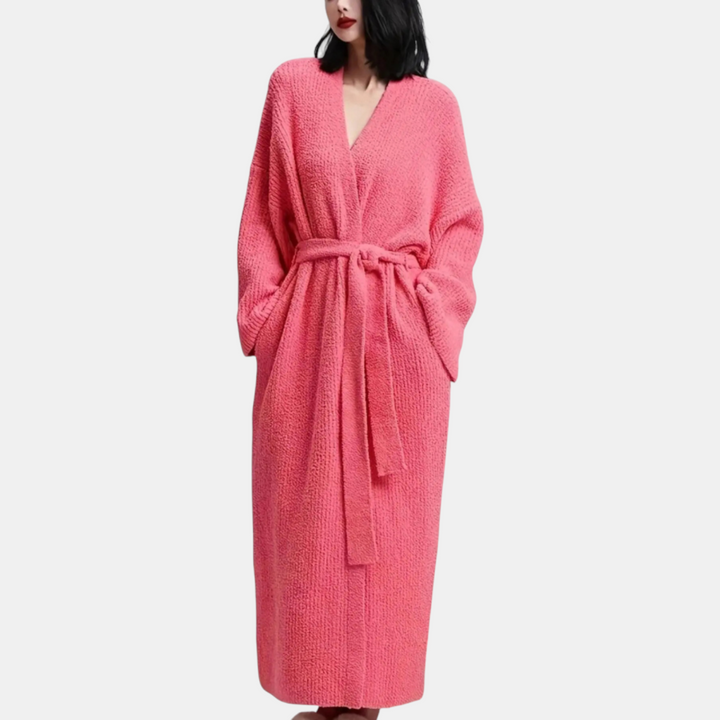 Maxi Ribbed Knit Wrap Robe for Women with Self-Tie Belt