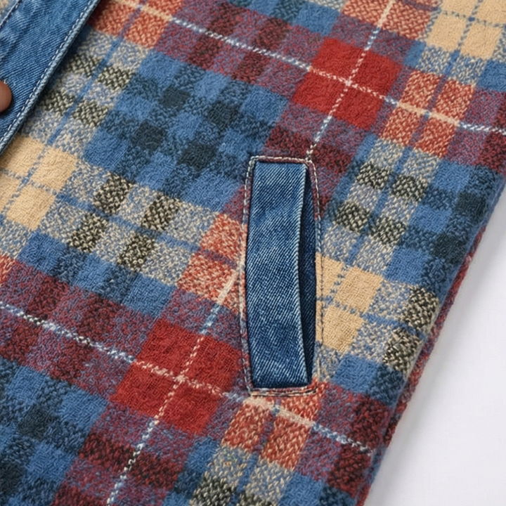Weslyn – Women’s Contrast Denim Plaid Hooded Jacket