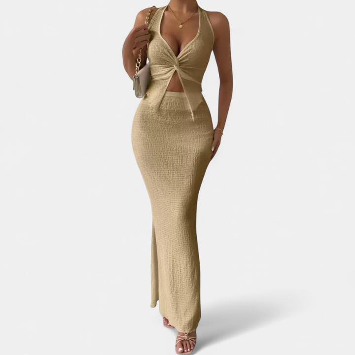 CAITRIONA | Twisted Front Halter Crop Maxi Ensemble