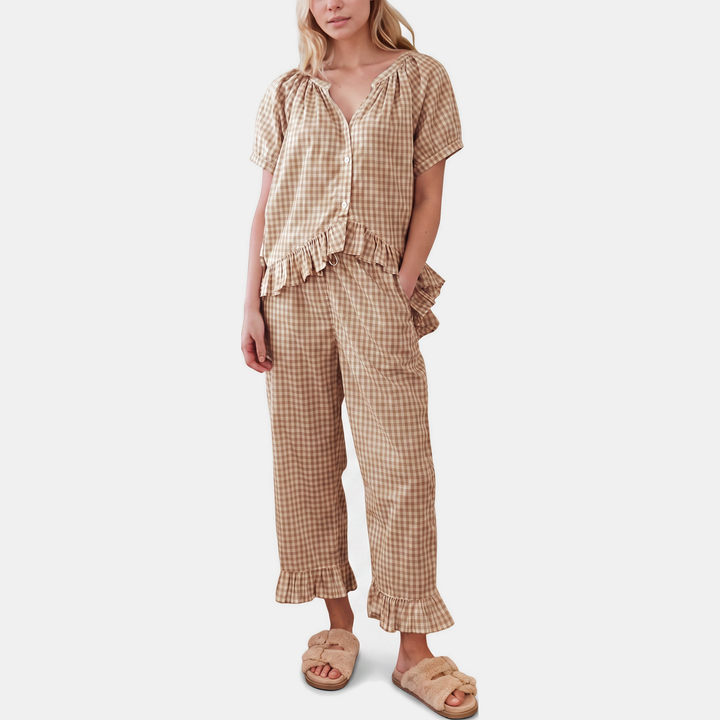 Women's Ruffle Hem Cropped Pajama Set with Wide Leg Pants