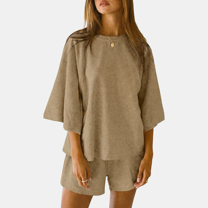 Women's Oversized Lounge Set with Drop Shoulder Top and Mini Shorts