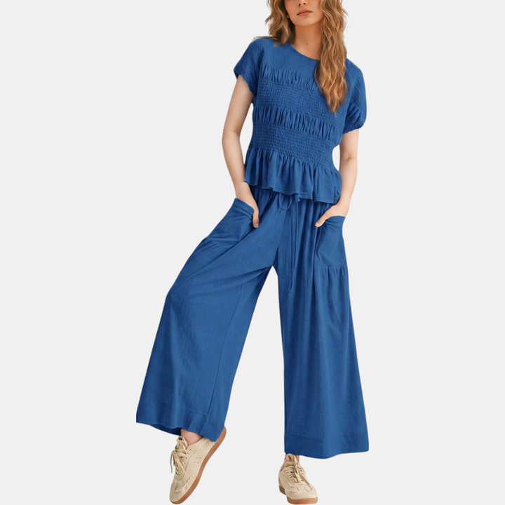 Women's Wide Leg Peplum Lounge Set with Smocked Top