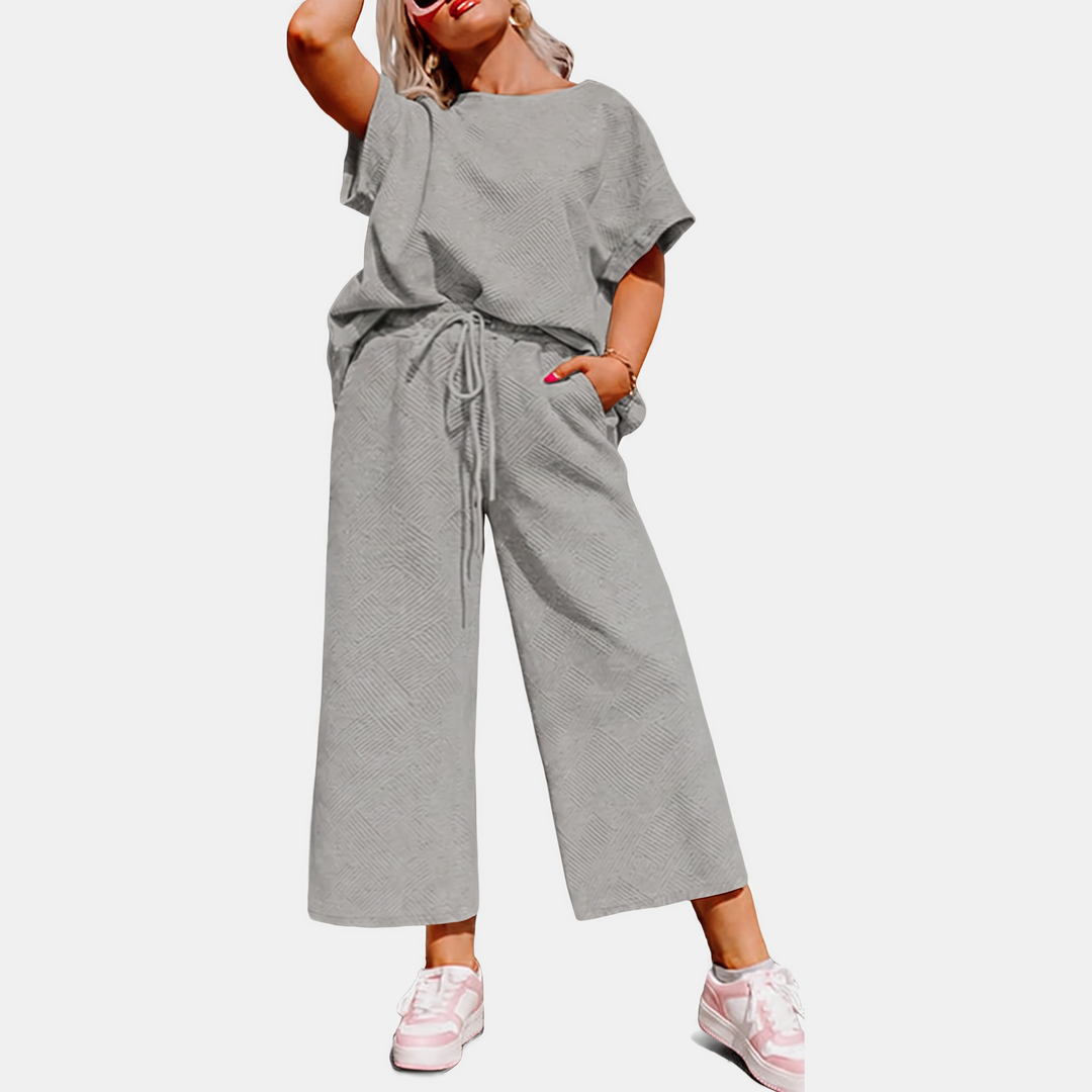 Women's Cropped Wide Leg Lounge Set with Textured Blouson Top