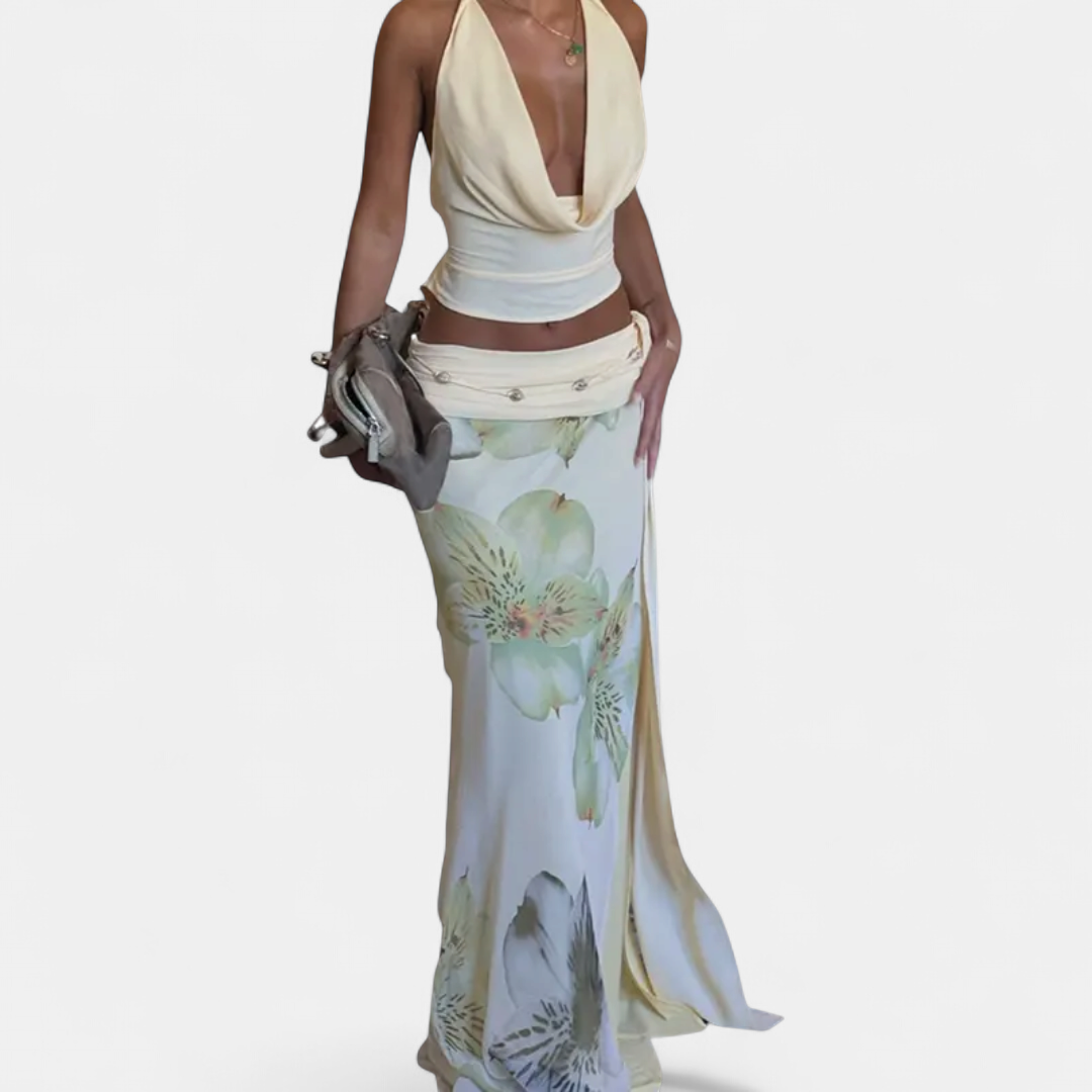 ZARA | Chic Backless Halter Crop Maxi Ensemble
