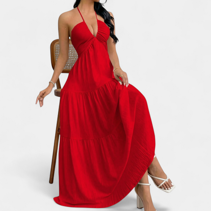 ZARA™ – Chic Halter Neck Maxi Dress with Tie-Back Detail