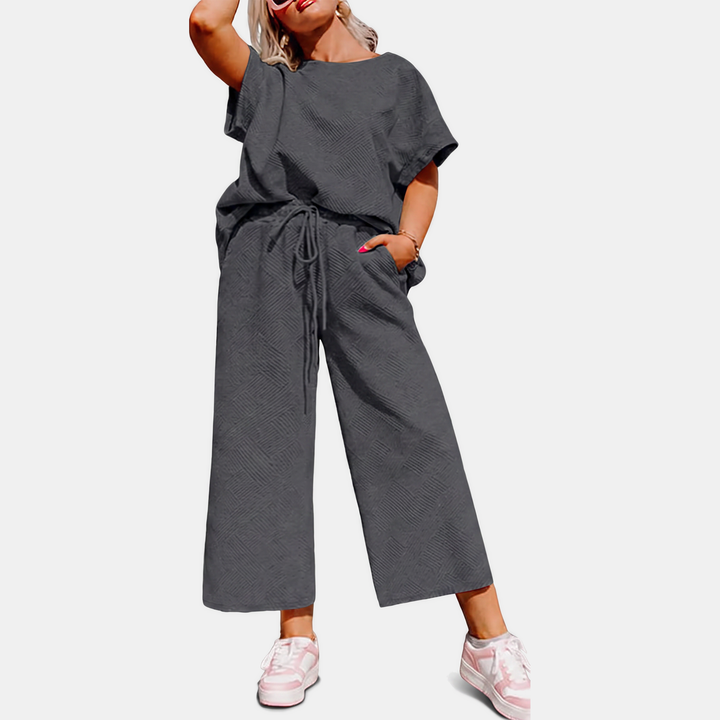 Women's Cropped Wide Leg Lounge Set with Textured Blouson Top