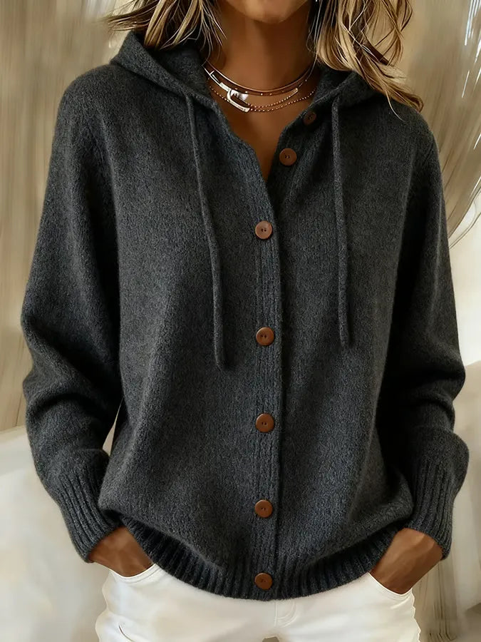 Brenda | Women's Cozy Knit Button-Up Cardigan with Adjustable Hood