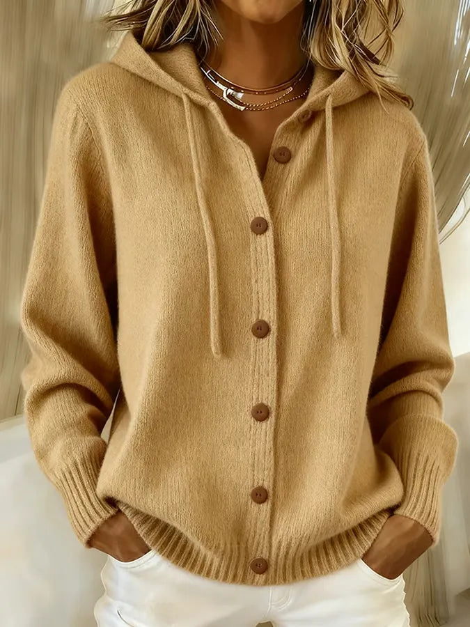 Brenda | Women's Cozy Knit Button-Up Cardigan with Adjustable Hood