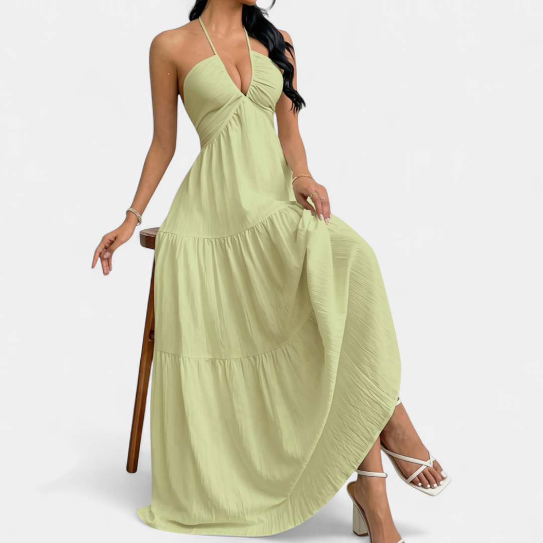 ZARA™ – Chic Halter Neck Maxi Dress with Tie-Back Detail