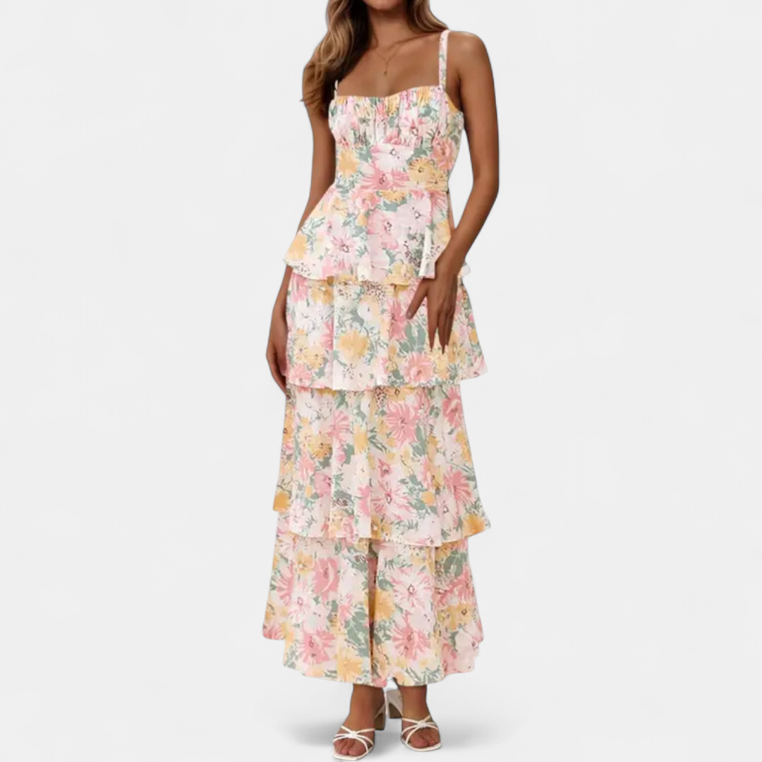 Celia Floral Bow-Tie Tiered Maxi Dress