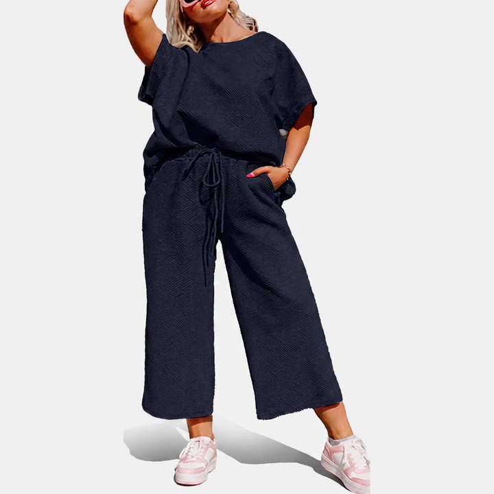 Women's Cropped Wide Leg Lounge Set with Textured Blouson Top