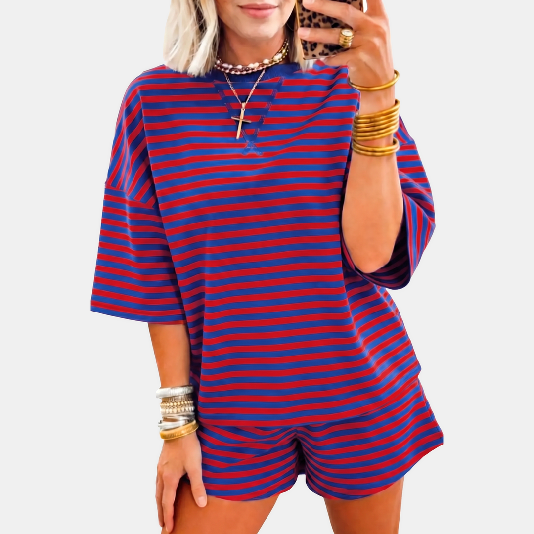 Women's Oversized Striped Lounge Set with Drop Shoulder Top and Shorts