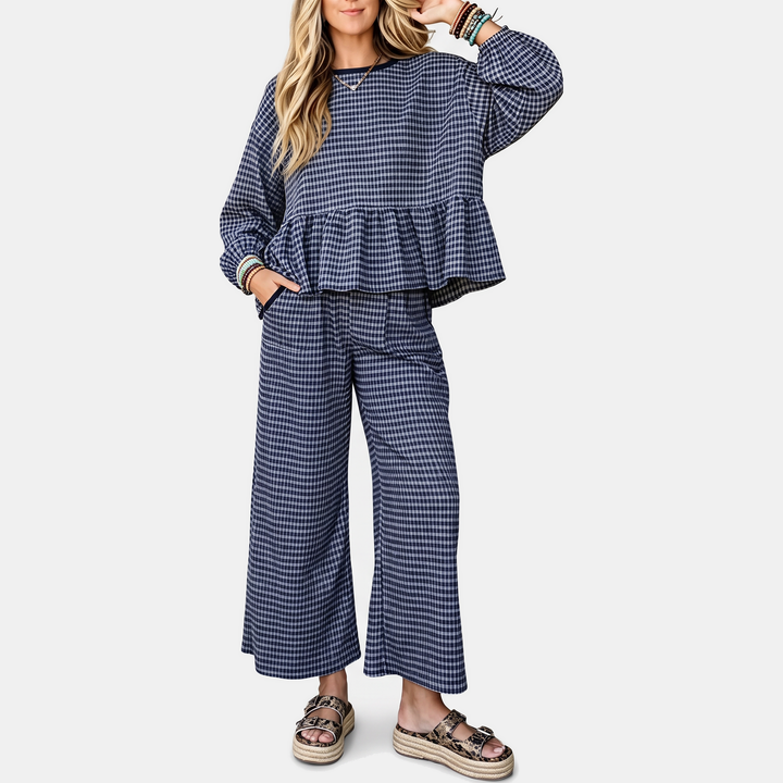 Women's Ruffle Hem Cropped Lounge Set with Wide Leg Trousers