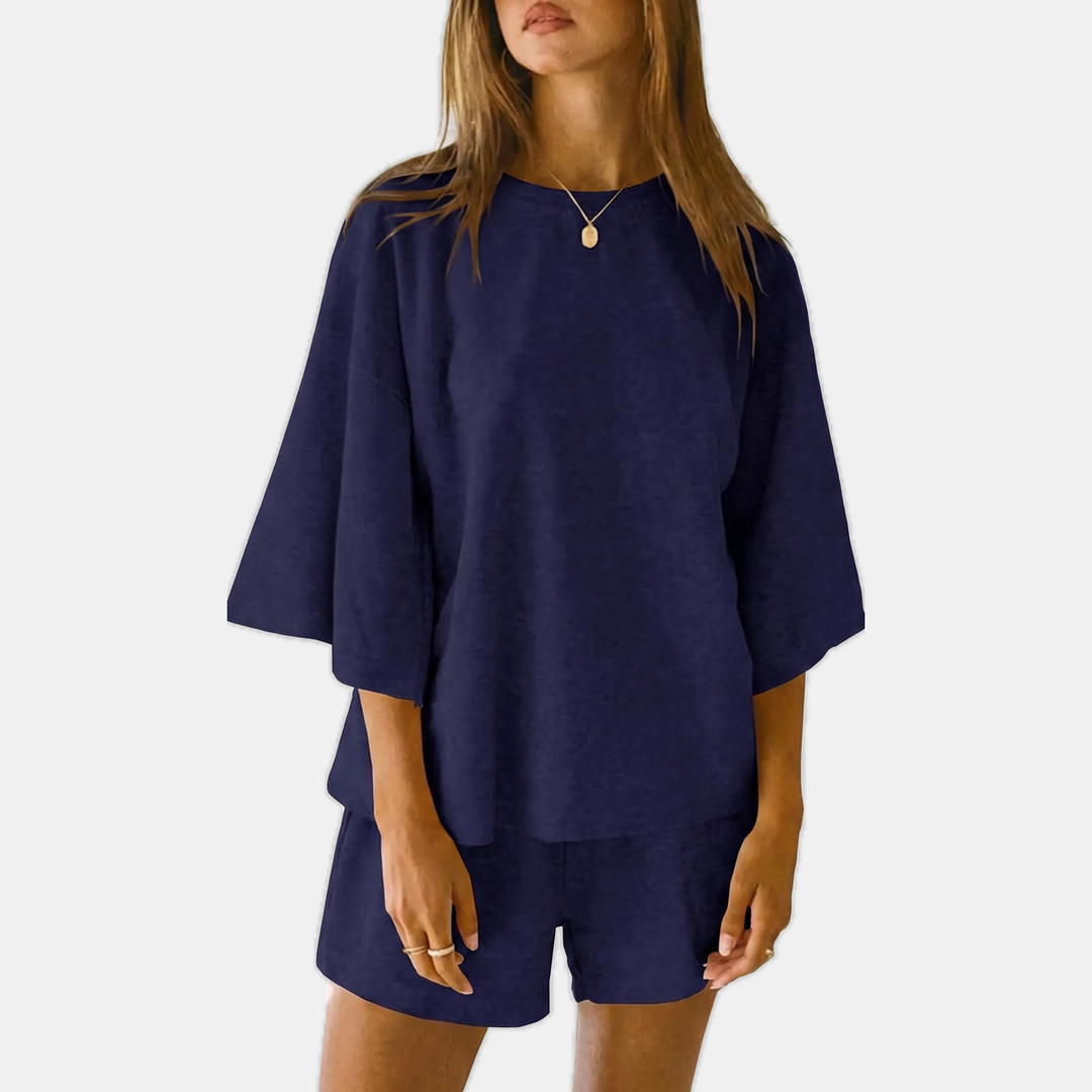 Women's Oversized Lounge Set with Drop Shoulder Top and Mini Shorts