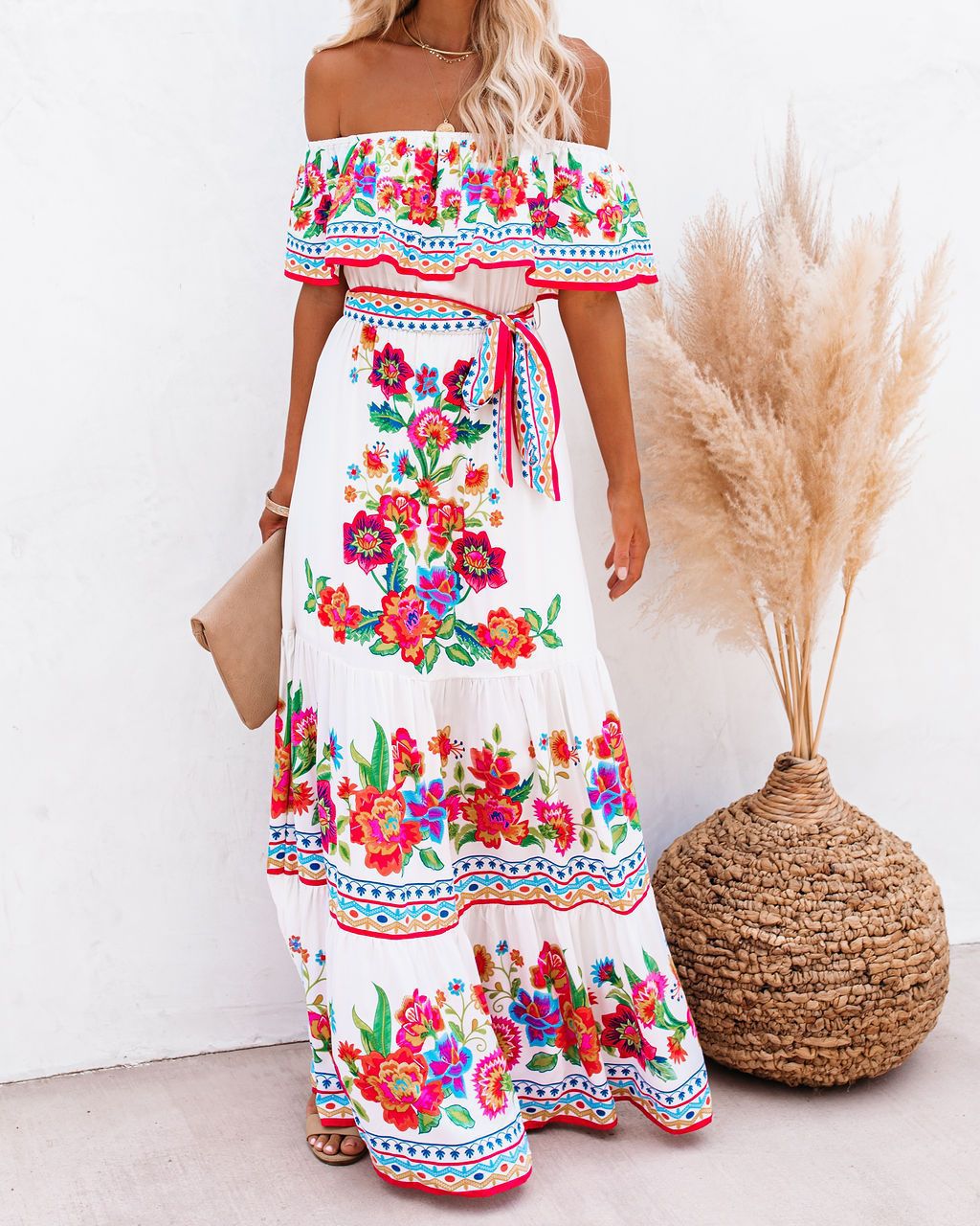 Oceana - Long Printed Lace-Up Waist Dress