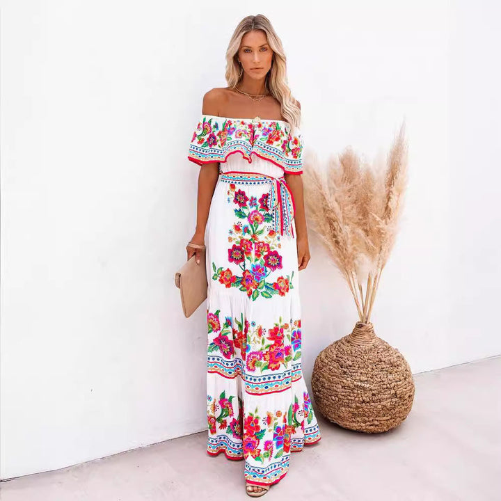Oceana - Long Printed Lace-Up Waist Dress