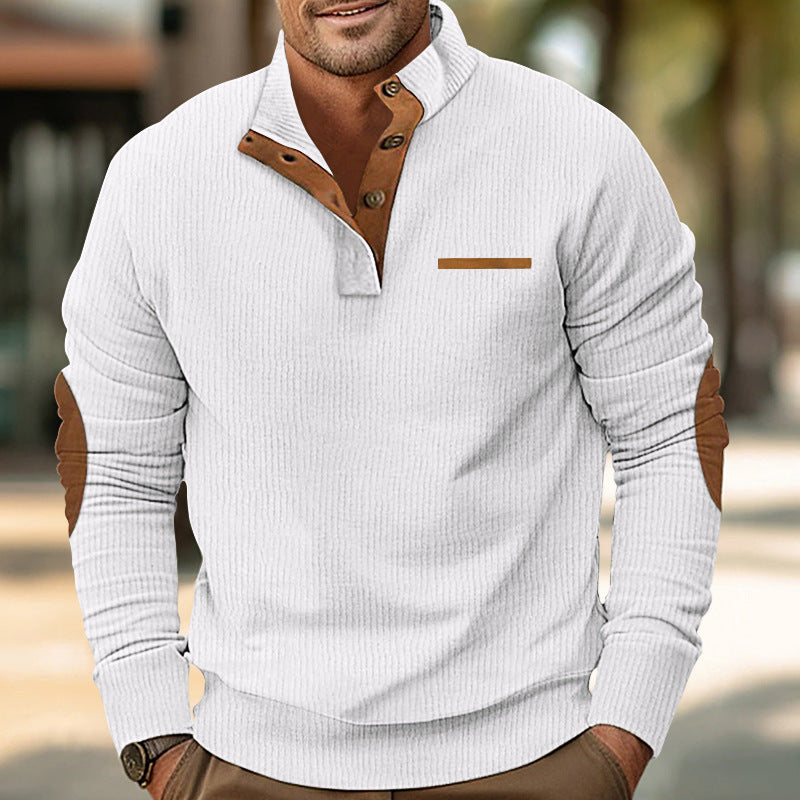 Bellonaro Men's Corduroy Sweatshirt with Quarter Button Stand Collar