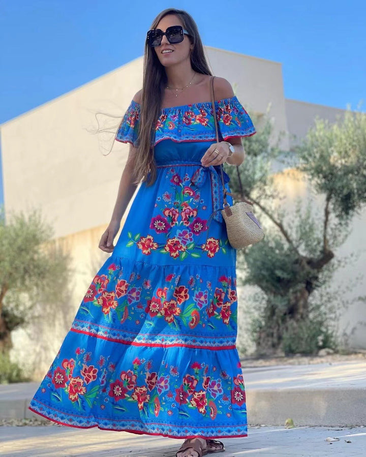 Oceana - Long Printed Lace-Up Waist Dress