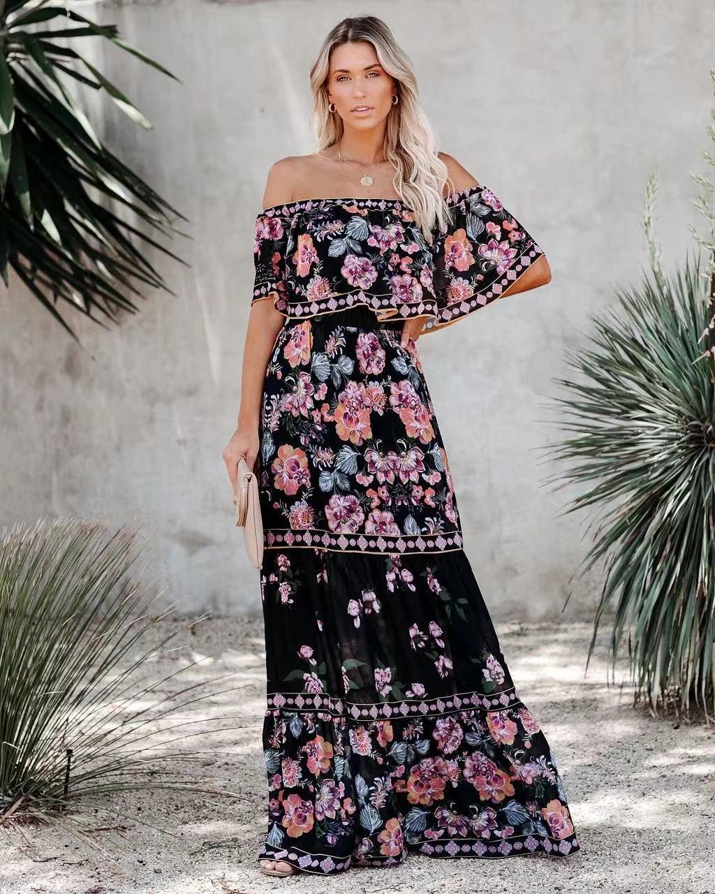 Oceana - Long Printed Lace-Up Waist Dress
