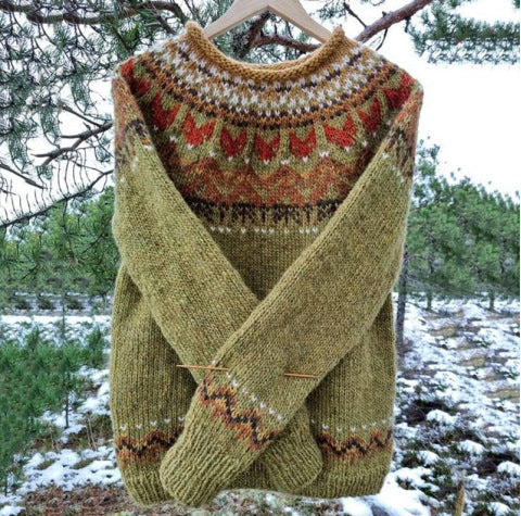 Vintage-Inspired Women's Icelandic Knit Sweater | Relaxed Fit | Nordic Yoke Design | Perfect for Winter Layering