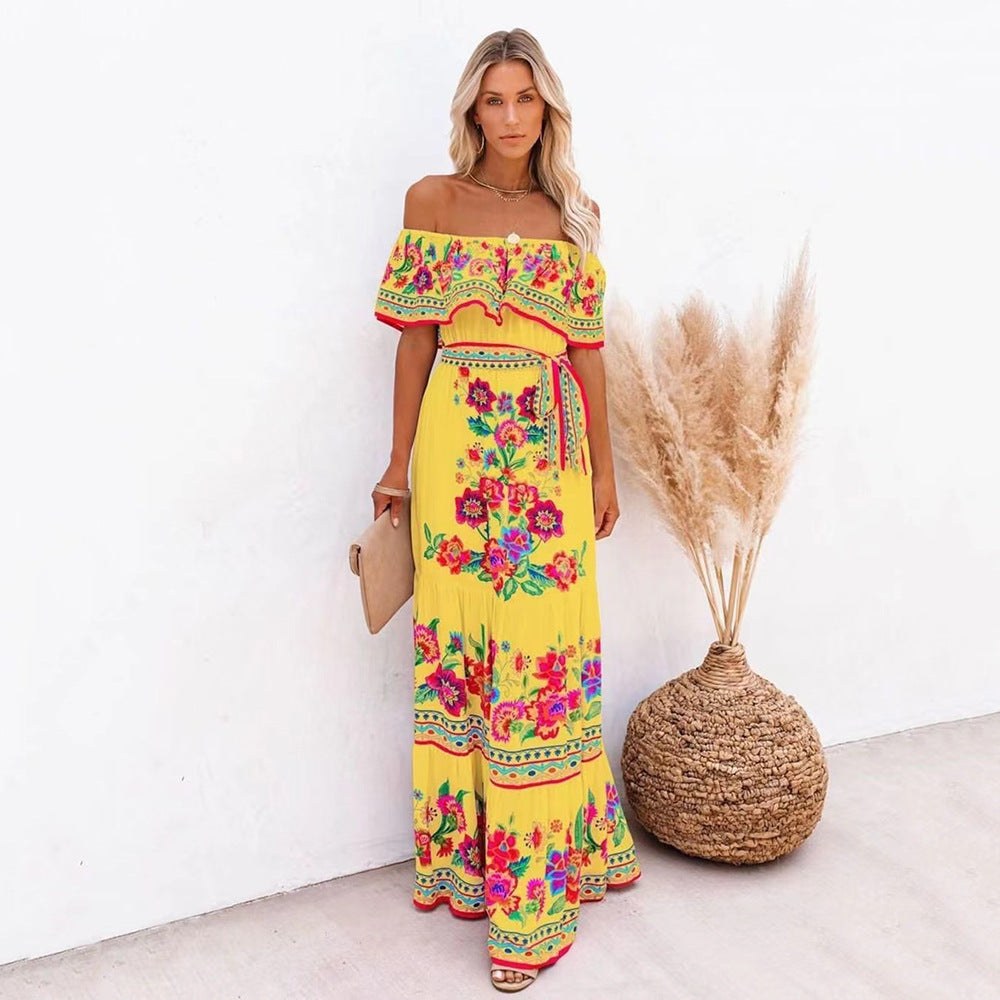 Oceana - Long Printed Lace-Up Waist Dress