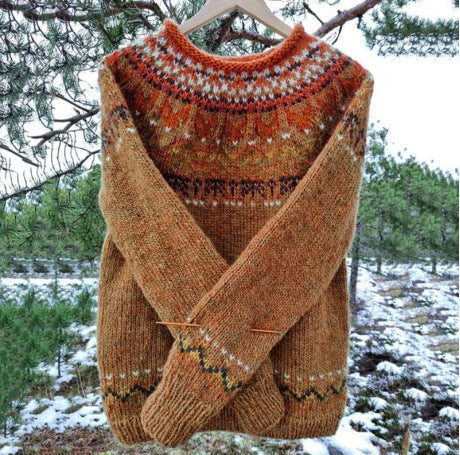 Vintage-Inspired Women's Icelandic Knit Sweater | Relaxed Fit | Nordic Yoke Design | Perfect for Winter Layering