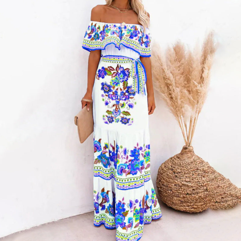 Oceana - Long Printed Lace-Up Waist Dress
