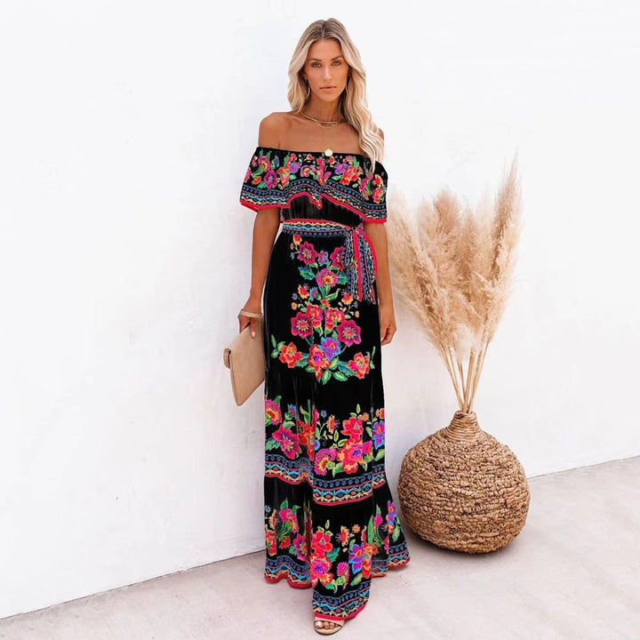 Oceana - Long Printed Lace-Up Waist Dress