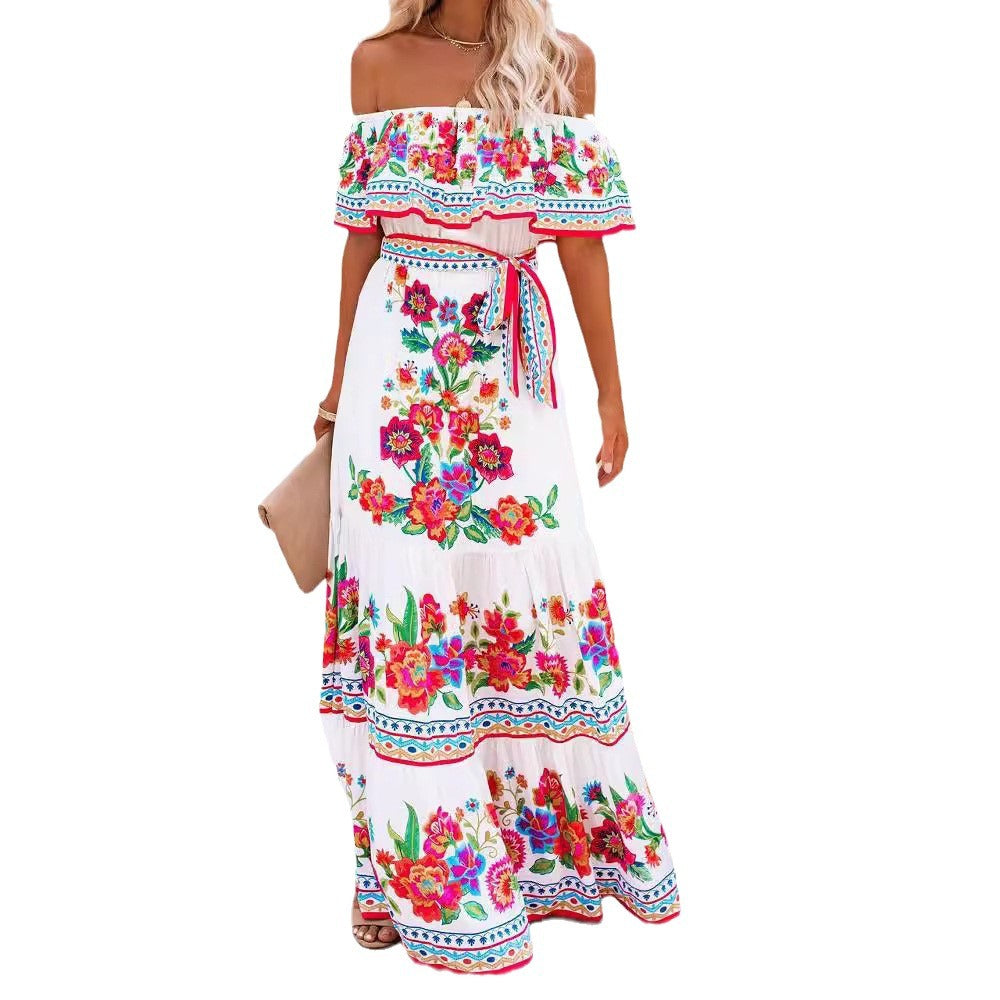 Oceana - Long Printed Lace-Up Waist Dress