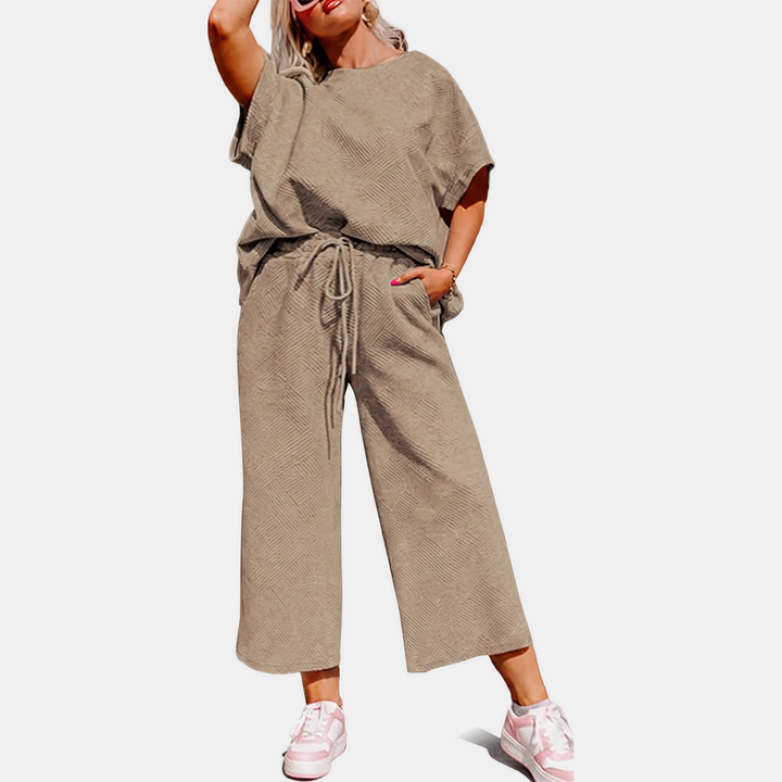 Women's Cropped Wide Leg Lounge Set with Textured Blouson Top