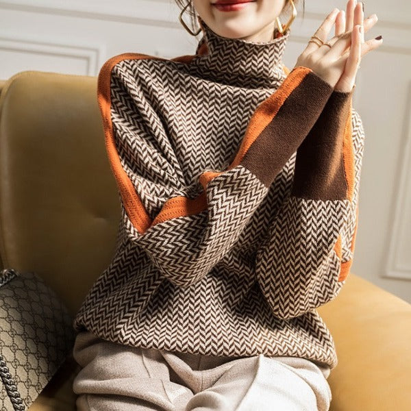 Clemence - Striped Turtleneck Sweater with Contrast Details