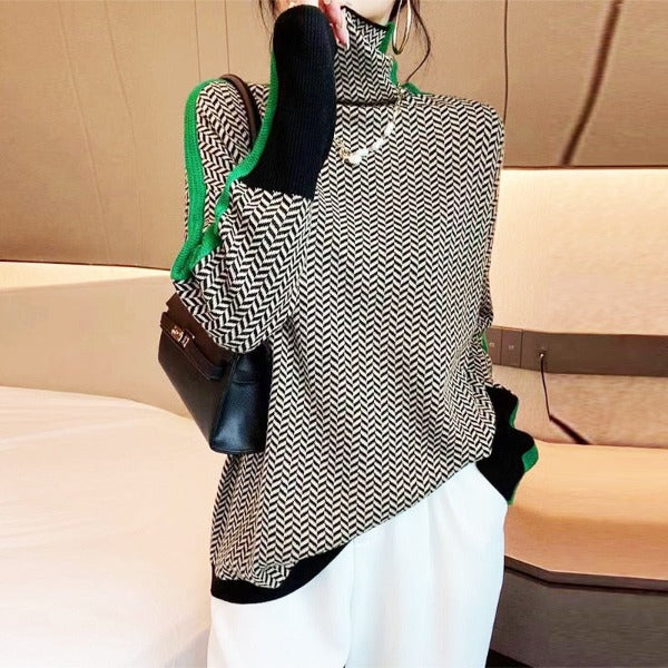 Clemence - Striped Turtleneck Sweater with Contrast Details