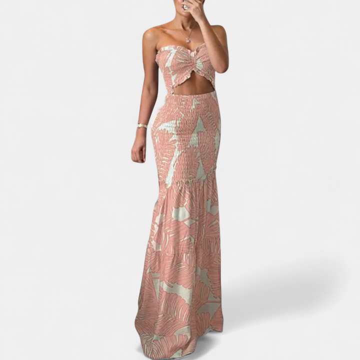 SOLÈNE | Tropical Print Smocked Mermaid Maxi Gown