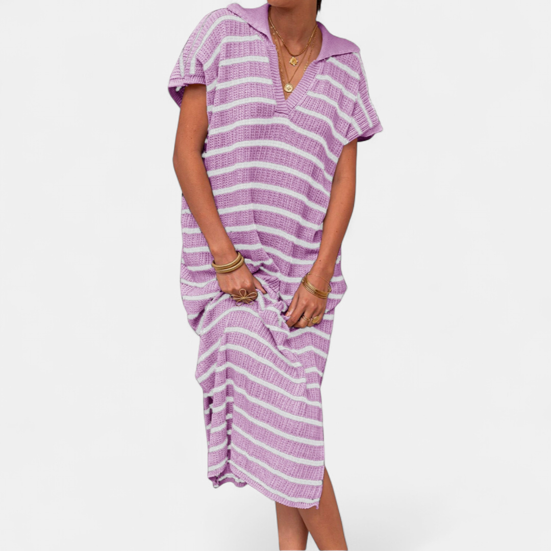 NADIA | Striped V-Neck Knit Maxi Gown