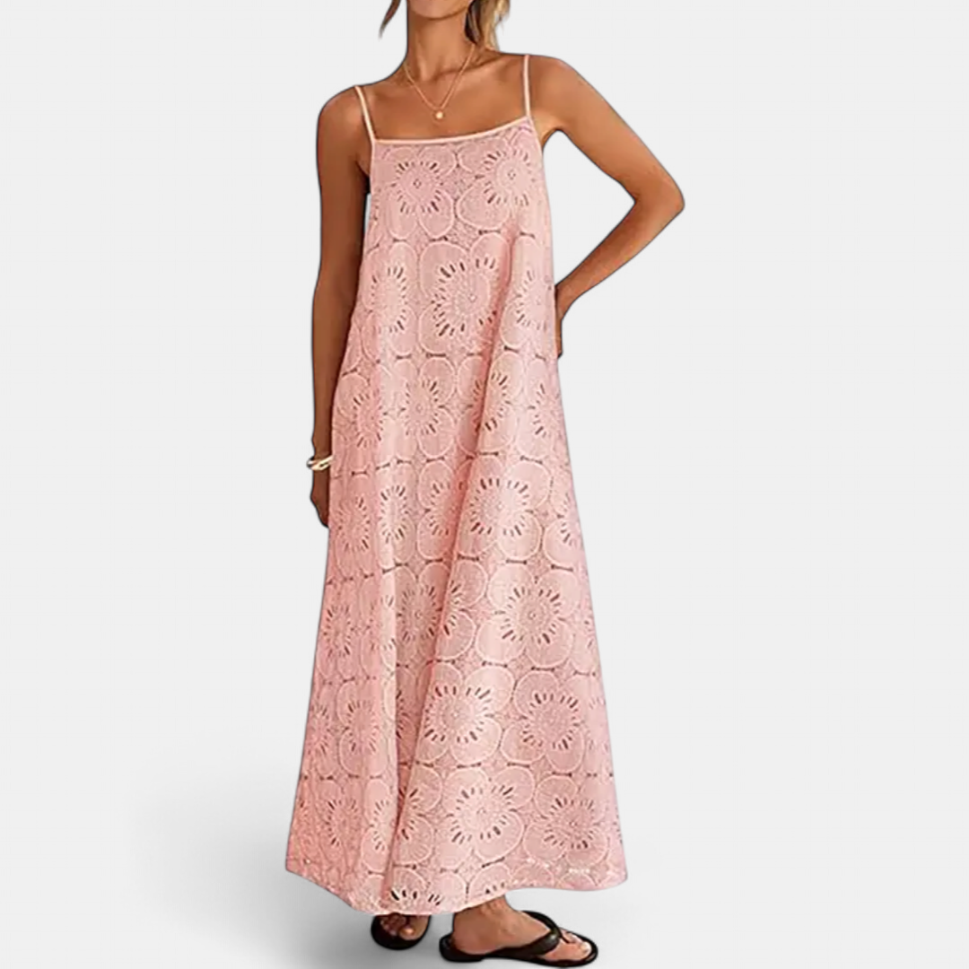 LUNA | Bohemian Maxi Dress with Floral Lace Eyelet Details
