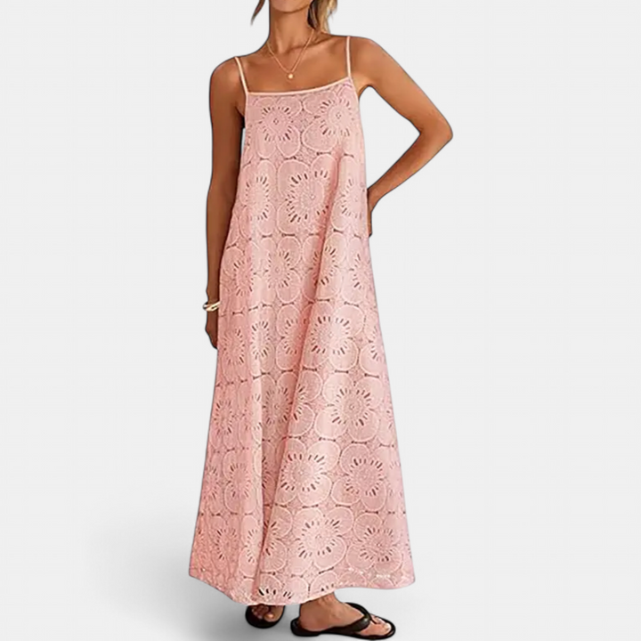 LUNA | Bohemian Maxi Dress with Floral Lace Eyelet Details