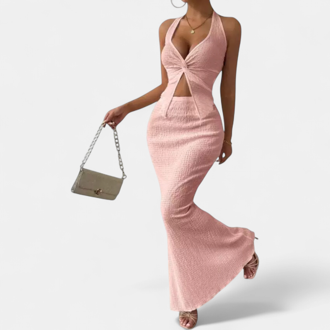 CAITRIONA | Twisted Front Halter Crop Maxi Ensemble