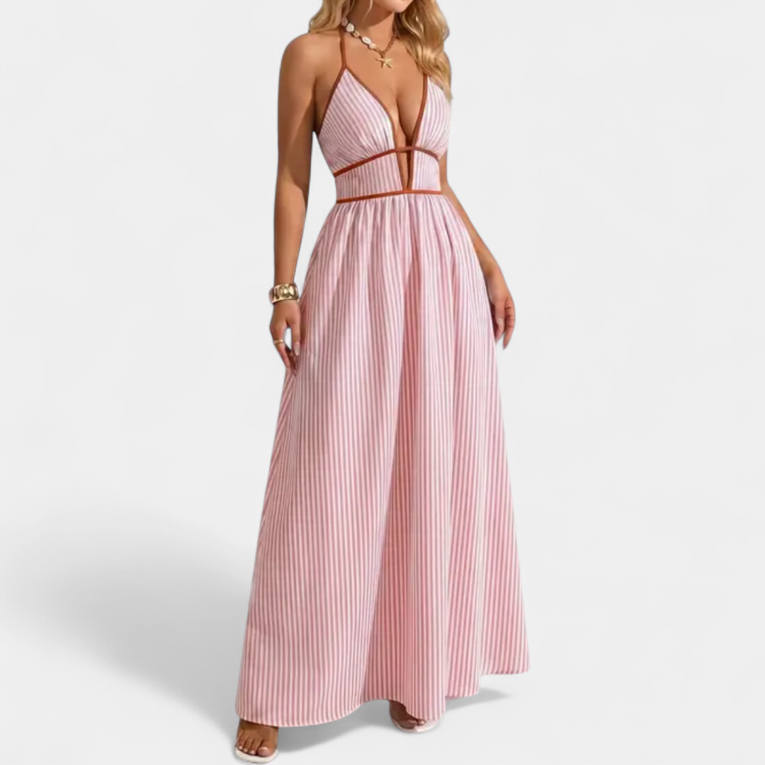 CASPIENNE | Striped V-Neck Halter Maxi Gown