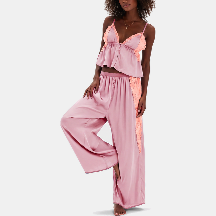 Women's Wide Leg Satin Pajama Set with Lace Trim Cami Top