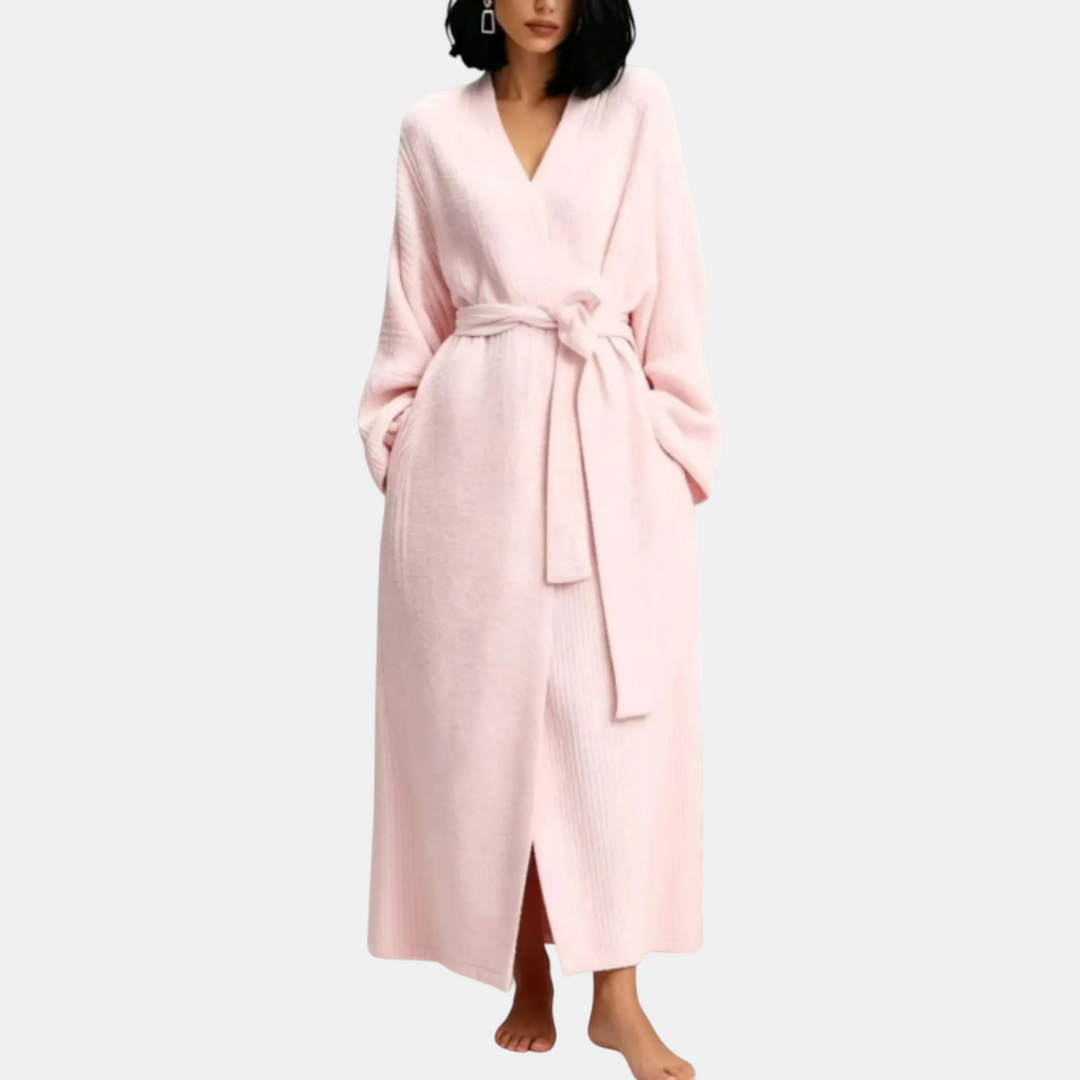 Maxi Ribbed Knit Wrap Robe for Women with Self-Tie Belt