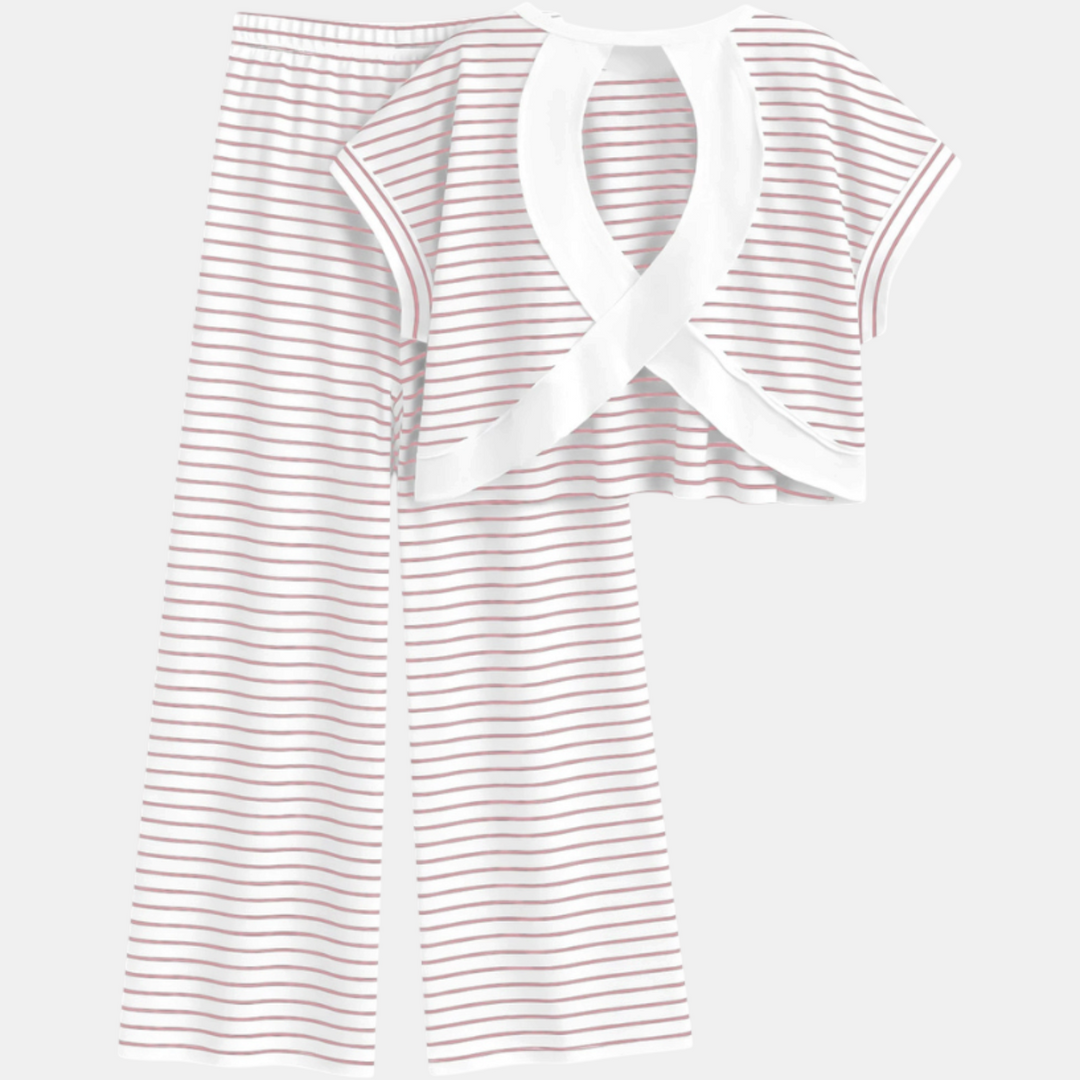 Women's Striped Pajama Set with Open Back and Crossback Design, Wide Leg