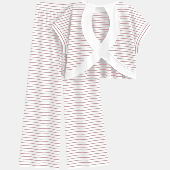 Women's Striped Pajama Set with Open Back and Crossback Design, Wide Leg