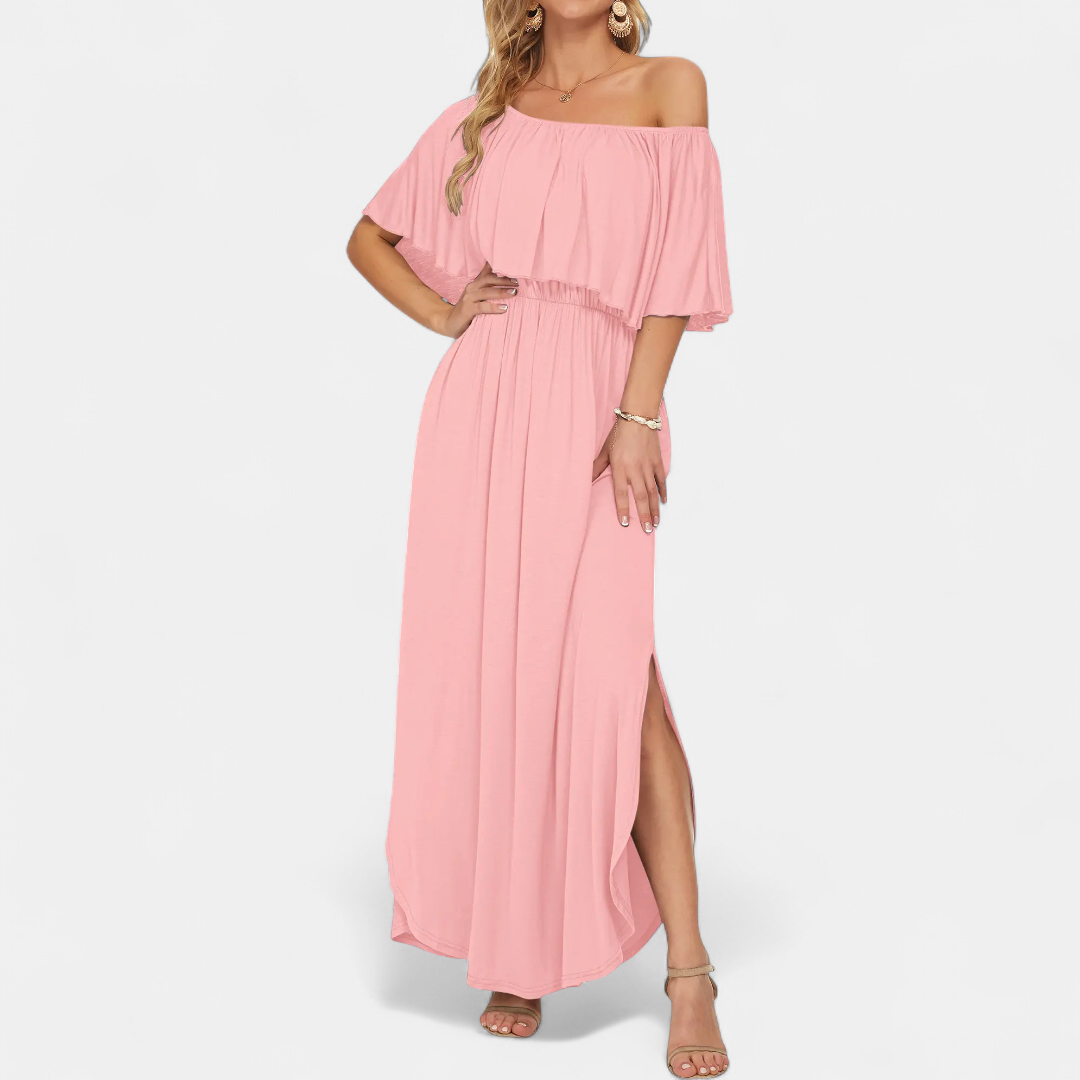 SOLÈNE™ – Off-Shoulder Maxi Dress with Print