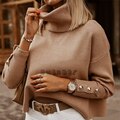 Priscilla | Women's Knit Sweater with Funnel Neck and Button Cuff Accents